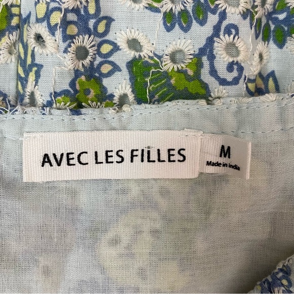 Avec Les Filles Floral Eyelet Puff Sleeve Mini Dress Size Medium Blue Green - Picture 8 of 10